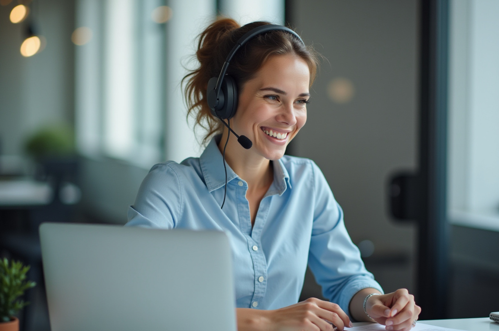 Jeune femme avec un casque sur les oreilles pour accompagner les clients dans leur prestation de design e-commerce