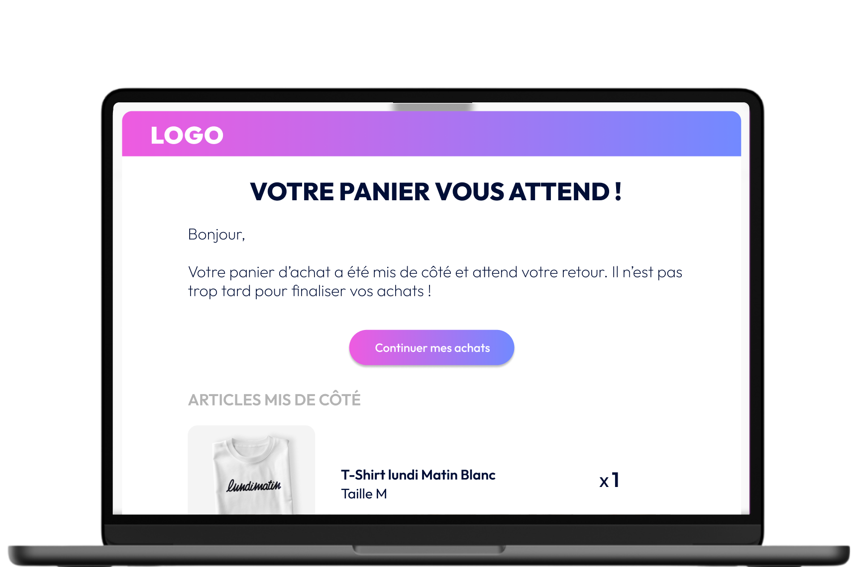 Ordinateur avec un mail de relances de paniers abandonnées permettant d'augmenter le taux de conversion e-commerce