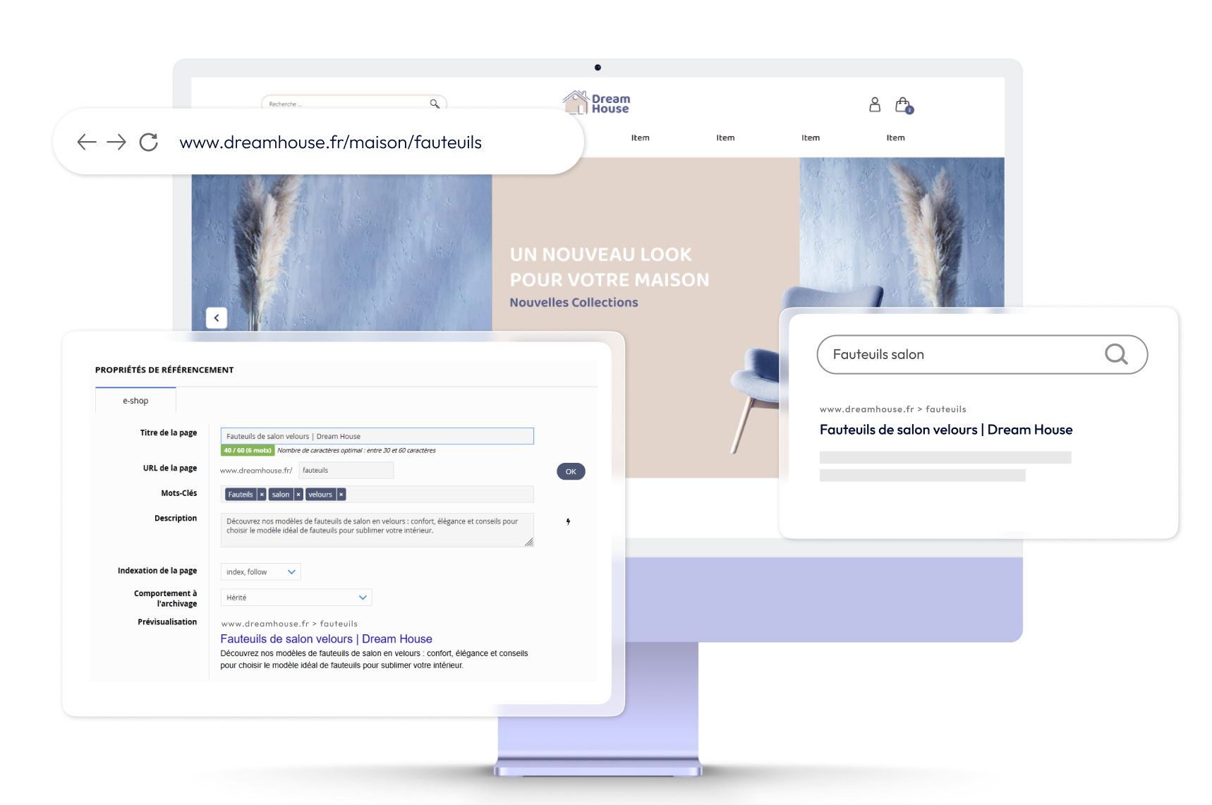 Site sur un ordinateur présentant les options natives de Gezy pour améliorer le SEO et le référencement e-commerce