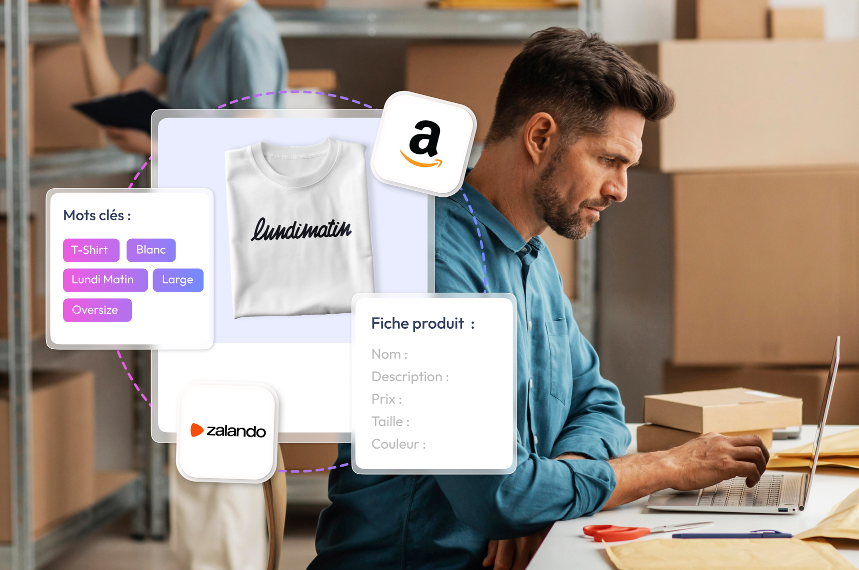 entrepreneur e-commerce dans son stock, enrichissant ses données et fiches produits