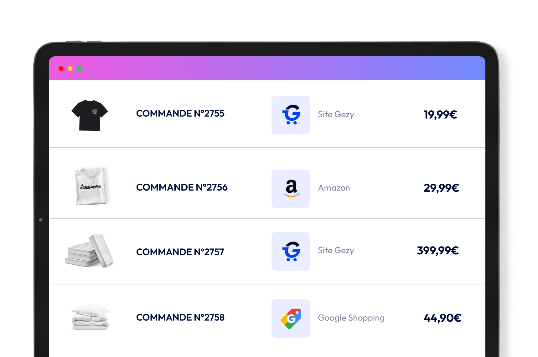 Mockup de la centralisation des commandes et du stocks permit par une meilleure gestion des données produits