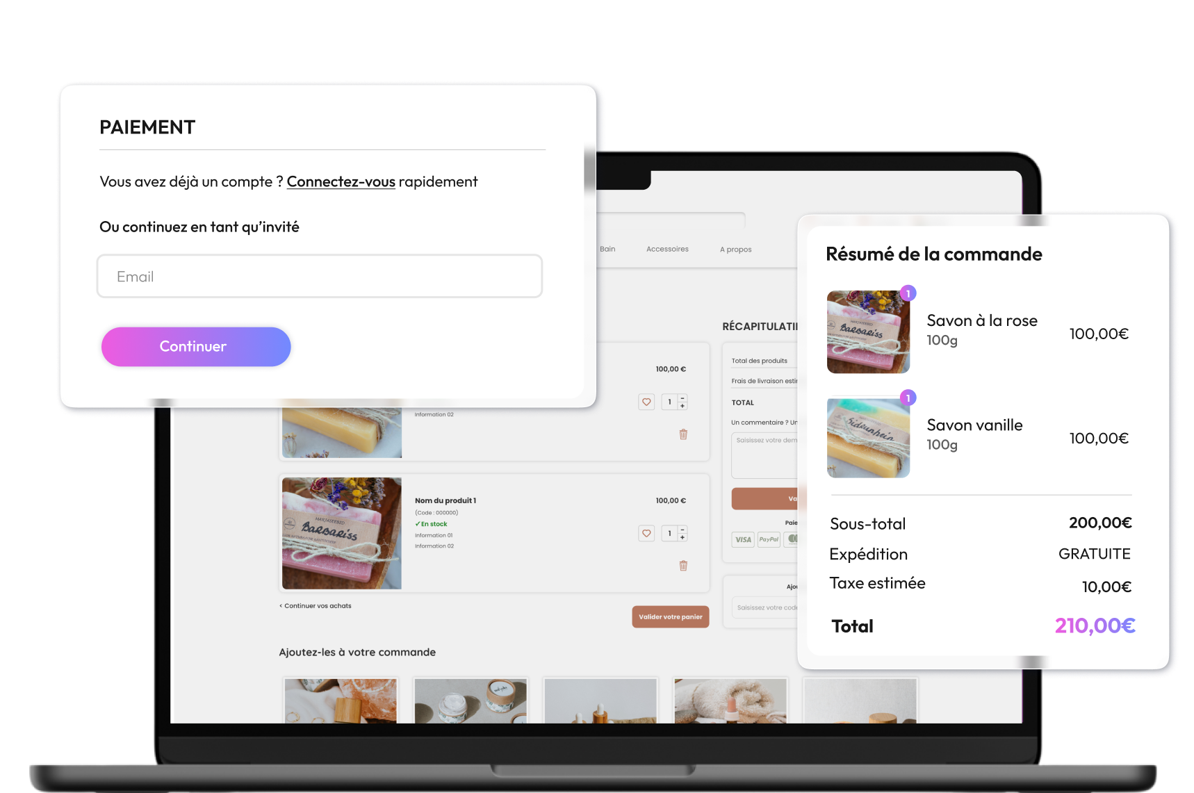 Page de paiement d'un site e-commerce,avec un focus sur le commande en tant qu'invité pour fluidifier l'expérience d'achat